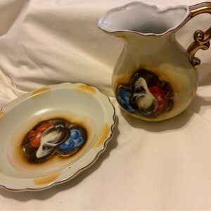 🍐 Vintage Hand-Painted Porcelain Pitcher & Bowl Wash Set – Fruit Motif